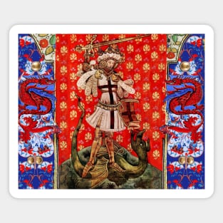 St. George and Dragon Medieval Miniature ,Red Blue White Floral Motifs Magnet